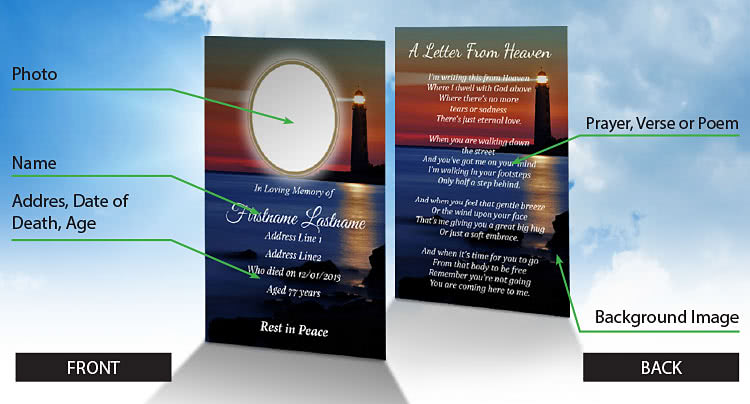 Standard Wallet Memorial Card layout elements and wording, front and back.