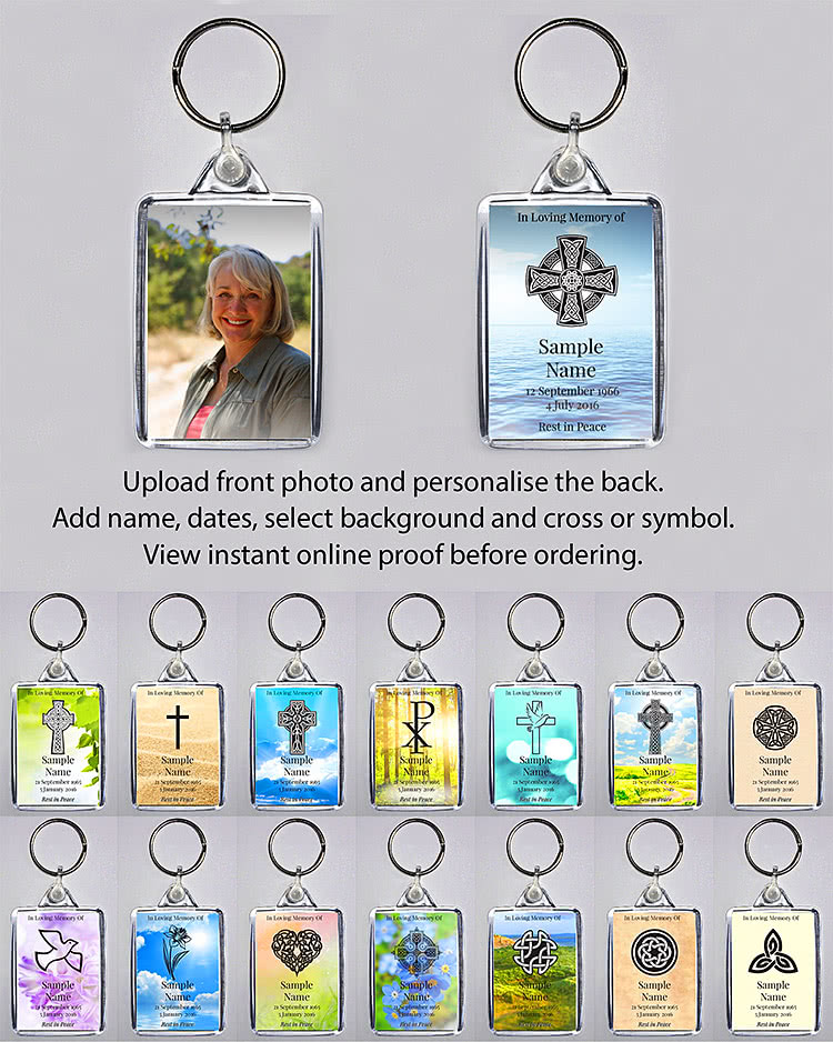 With our online personalisation system you can easily create a beautiful keyring. Upload a photo, add your dates, select background and cross (Irish/Celtic, plain etc) or symbol, view instant online proof and order in minutes.