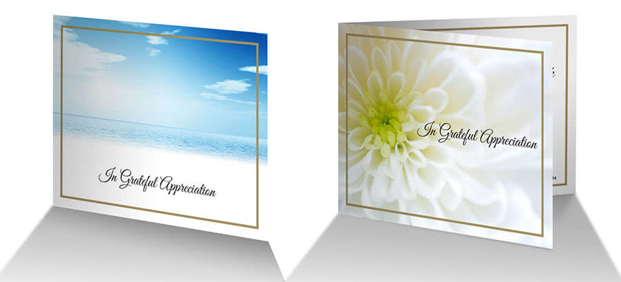 Wording for the front of funeral thank you card, double sided and 4-page folding version.