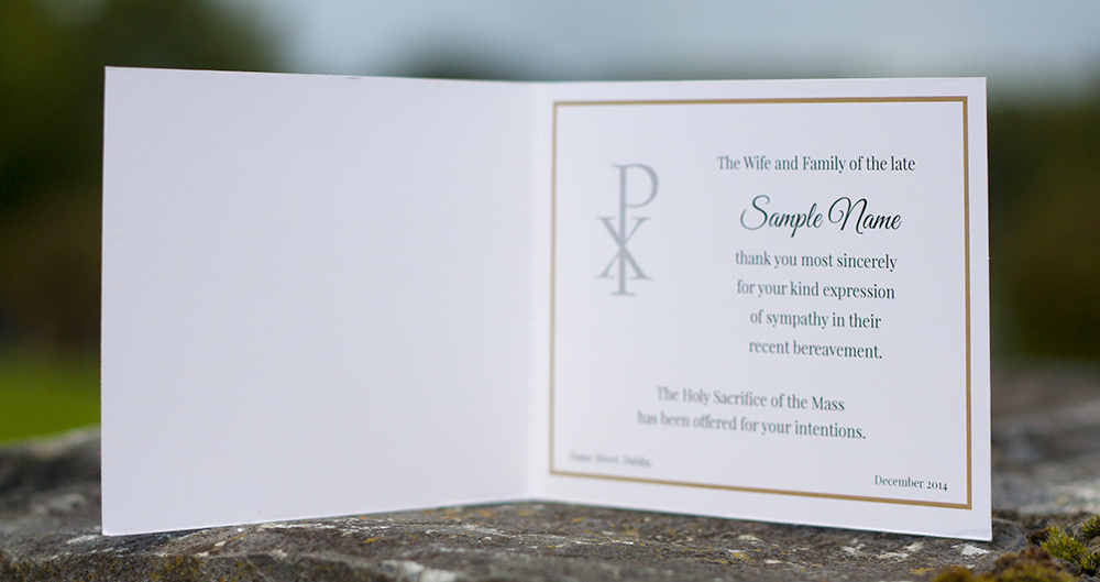 Inside of folding acknowledgement card, card placed on an old Irish wall, outdoors.