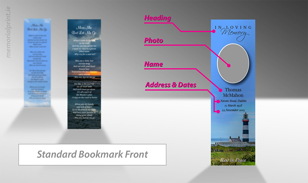 Memorial bookmark front, wording and layout