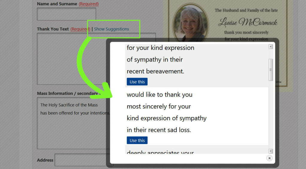 Image shows how text suggestions work during personalisation of template card design.