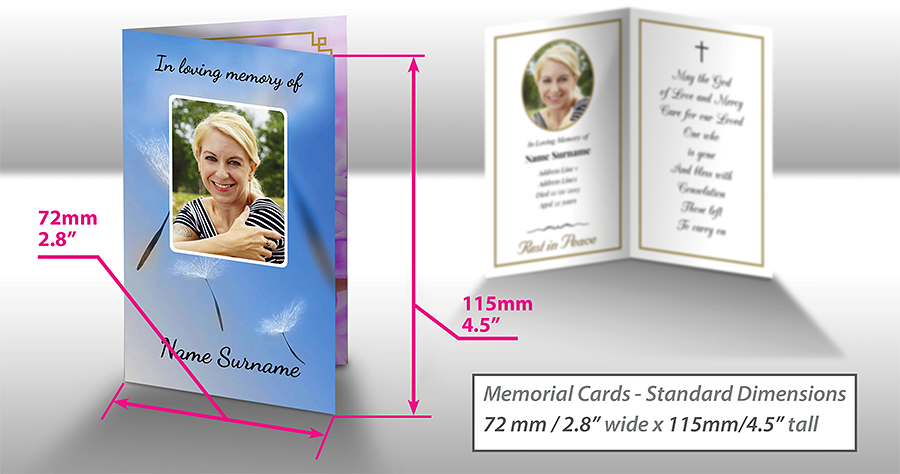 Image visualises standard dimensions of folded memorial card - 72mm/2.8" wide by 115mm/4.5" tall.