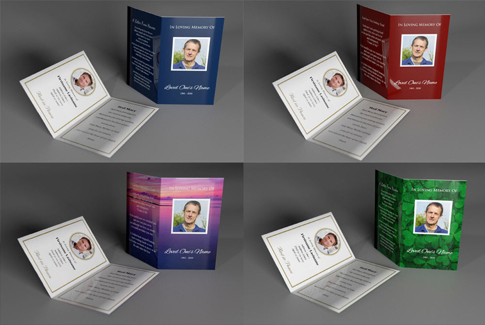 4 different background variants of the same memorial card design.
