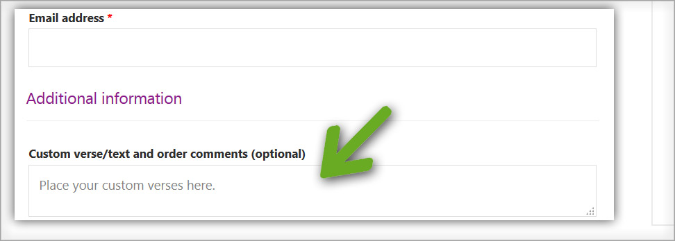 Image shows location of "custom verse/message" field on checkout.