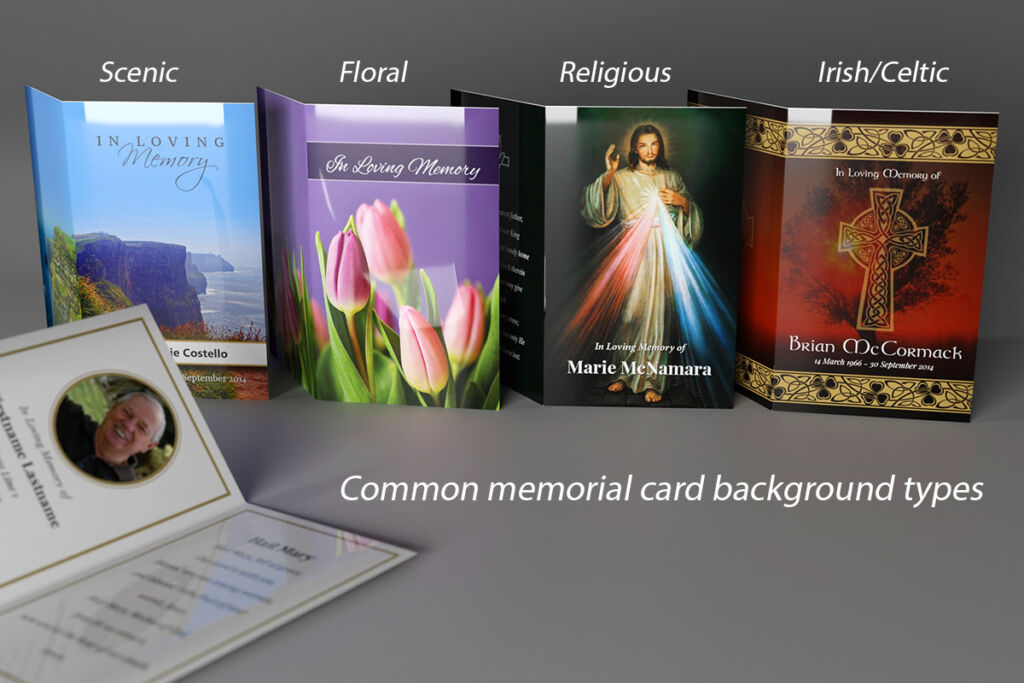 Scenic, Floral, Religious and Irish/Celtic are the most common memorial card background themes.