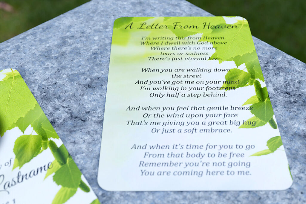 Example verse (A Letter from Heaven) for the  back of the card.