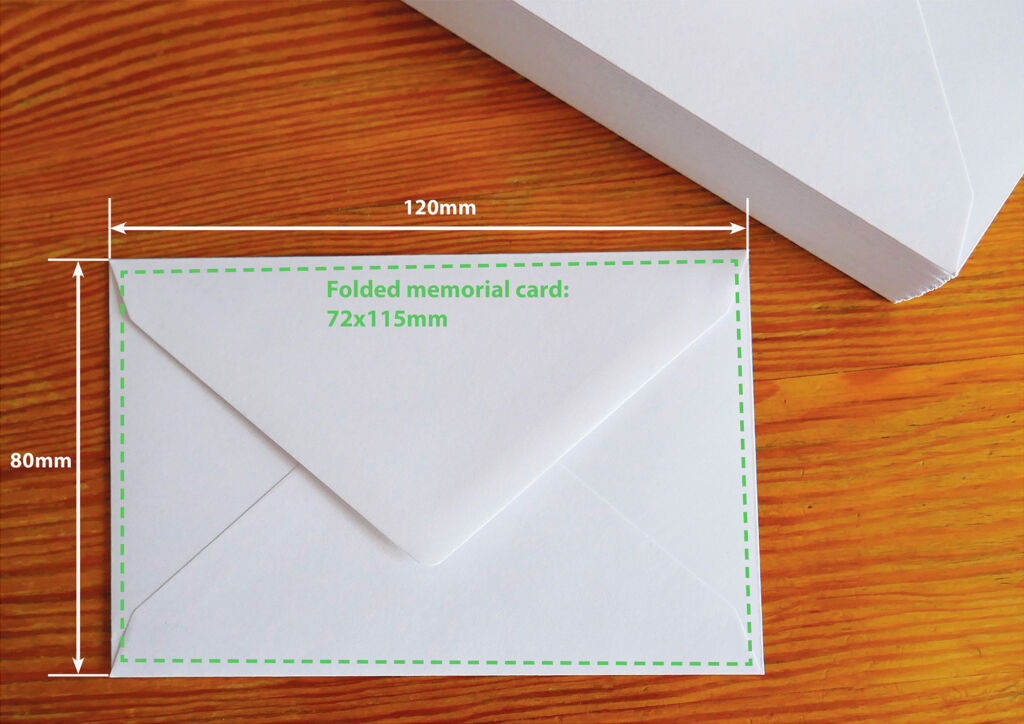 Envelope suitable for memorial card with dimensions marked. Dimensions of the card also shown.
