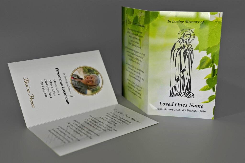 Memorial card with simple black and white drawing of Virgin Mary on the front. Green leaves background.