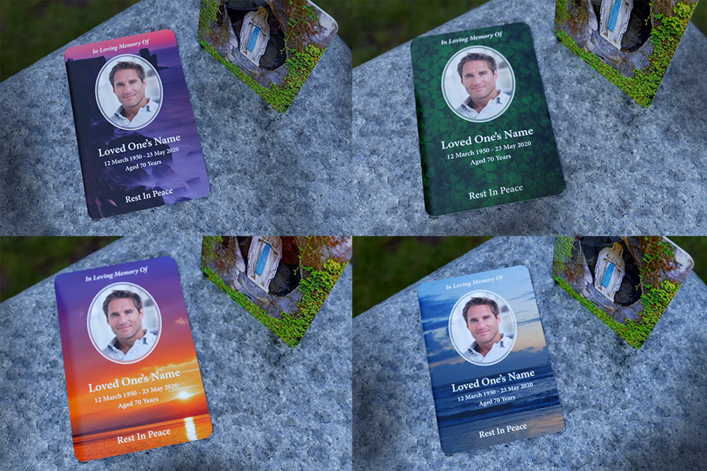 Image shows 4 different design variants of Our Lady of Lourdes irish wallet memorial card